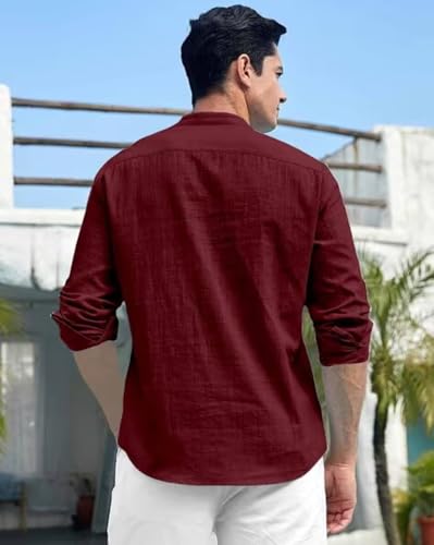 Image of Men's Cotton Blend Straight Kurta Shirt Combo with Mandarin Collar - Slim Fit Casual Short Kurti Set Featuring Textured Slub Fabric and Roll-Up Full Sleeves