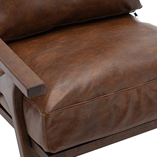 Wahson Mid Century Chair, Retro Upholstered Accent Armchair, With Wood Frame And Removable Faux Leahter Cushions, Large Leisure Slipper Chair For Living Room/Bedroom, Brown #TOP5