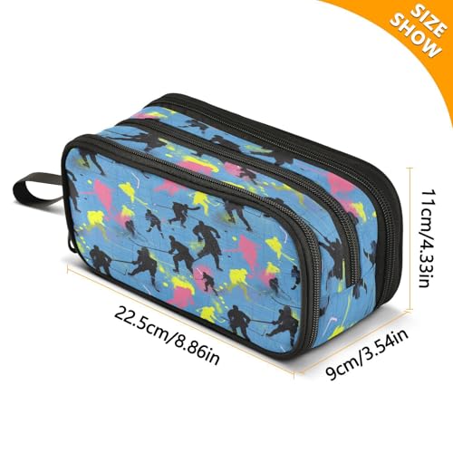 Image of Caikeny Pencil Case Hockey Sticks Pen Bag Orange Stars Blue Large Capacity Pencil Box Pen Pouch with Zipper Cosmetic Organizer for Kids Teens Adults