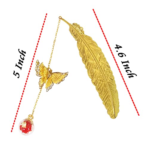 Metal Feather Bookmark, Golden Bookmarks With 3D Butterfly Red Pendant For Women, Teacher Book Lover Librarian Readers Mom Lady Female, Great Gift For Birthday #TOP2