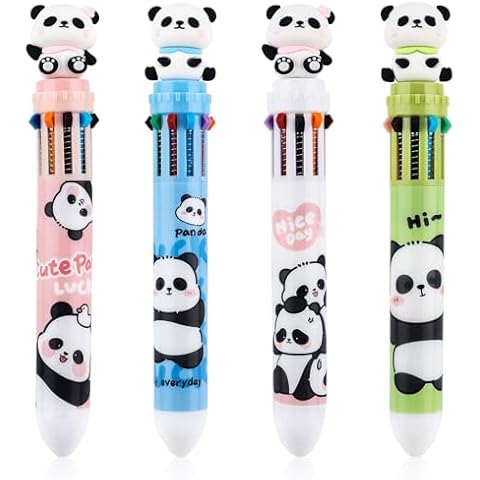 PLwelth Multicolor Ballpoint Pen 0.5mm Cute Cartoon Panda Ballpoint Pen 10-in-1 Colored Retractable Animal Ballpoint Pens for Office Supplies Back to School Gifts for Her Him Assorted Ink(4-Count) Cover