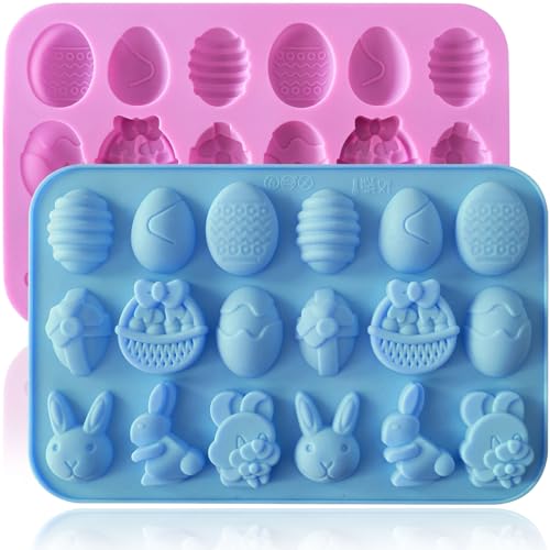 Image of HKNMTT Easter Silicone Candy Mold 2-PACK 9 Shaped Egg Rabbit 72 Cavities Chocolate Mould Wax Melt Tray for Gummies Cupcake Decor Kids Holiday Gift Fudge Making Set