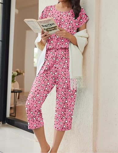Image of Ekouaer Women's Capri Pajama Set Short Sleeve Mumu Pjs Pleated Top Capri Pants with Pockets Sleepwear Lounge Set
