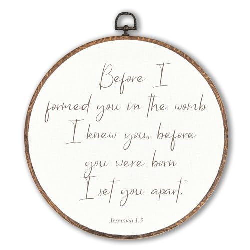 Image of Lengues Bible Verse Nursery Round Wall Art Decor, Inspirational Round Wall Decor, Neutral Christian Canvas Framed Art Prints, Jeremiah 1:5 Christian Hanging Frame for Room Bedroom 10x10 Inch