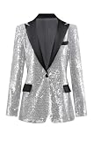 Womens Sequin Blazer Suit Jacket Prom Party Blazer Notch Lapel Sequined Women Jacket Silver S