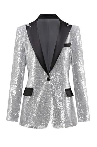 Womens Sequin Blazer Suit Jacket Prom Party Blazer Notch Lapel Sequined Women Jacket Silver S