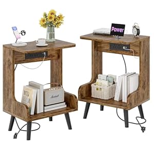 GYIIYUO Night Stands Set of 2 with Charging Station, Bedside Table with USB Ports and Outlets, Unique End Tables with Open Storage, NightStand for Bedroom, Side Table, Rustic Brown