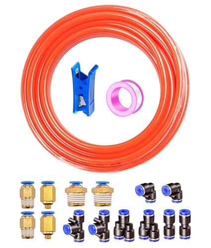 HAXIHA 10 Metros Manguera Neumática 8mm OD/5 mm ID, Naranja Tubo Aire Comprimido Poliuretano PU Manguera de Aire Tubo Kit,Conexión Rápida de Tuberías de Aire 32.8ft con 14Pcs Guarniciones Neumaticas