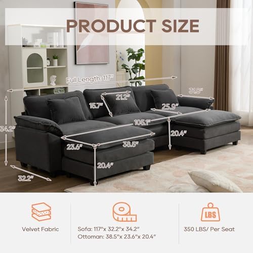 IPKIG 154" Modular Sectional Sofa, Comfy U-Shaped Cloud Couch Chenille 6-Seater Modular Couch Sofa with Ottoman for Living Room, Basement, DIY Combination (Grey, 117" - U Shaped) - 1