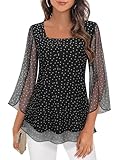 Design unique : la blouse à volants utilise un design double couche de haute qualité, la couche en maille est très swing et flotte et extensible à porter, la manche est en maille à volants fendue 3/4 très élégante et chic, col carré pour mettre en valeur votre beau cou, imprimé floral et en dentelle sur le maillage pour être un haut très élégant et habillé pour dame.