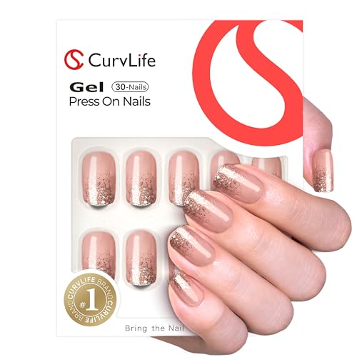 Image of Curvlife Press on Nails Acrylic Fake Nails with 30pcs Fluid Gold Short Square Design Full Cover False Nails for Women Reusable Nail Kit with Nail Glue Adhesive Tabs