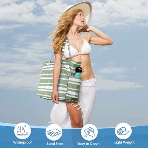 Trifabricy Beach Bags for Women Waterproof Sandproof Women Tote Bag, Large Beach Bag with Zipper for Gym Grocery Travel Vocation with Wet Pocket, Green — view 6