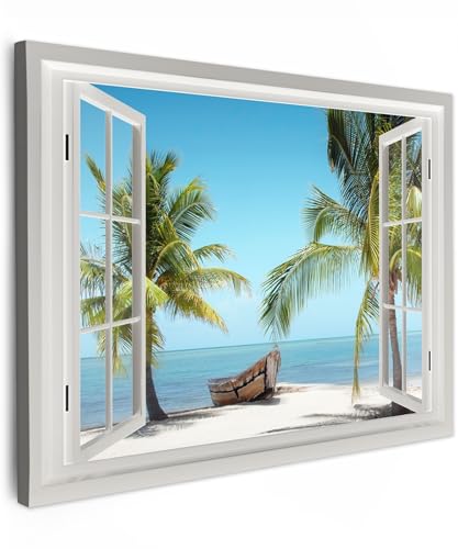 MuchoWow© Impression sur Toile Peinture 70x50 cm Tableau Mural Decoration Salon Reproductions de Tableaux Murale Moderne Vue de la fenêtre - Plage - Palmier - Bateau -...