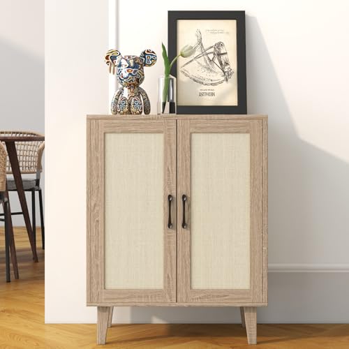 Panana Rattan Decorated Buffet Storage Cabinet, Wood Kitchen Sideboard Accent Cabinet (69(W) x 38(D) x 88(H) cm, Natural Wood Finish) - Image 4