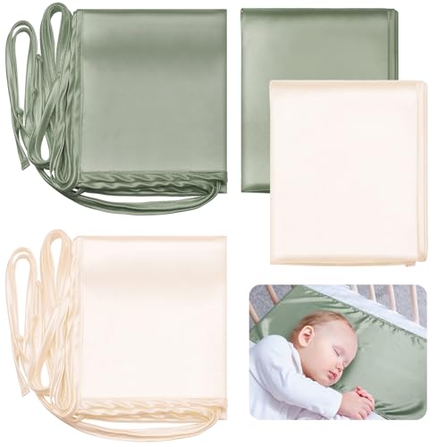 Image of Hosuly 2 Pcs Satin Bassinet Sheet Baby Hair Soft Silk Feeling Sheet Baby Bassinet for Rectangle Cradle Pad Mattress Boys Girls Newborn Infant(Green and White)
