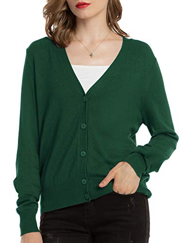 Woolen Bloom Womens V Neck Button Down Cardigan Sweaters Long Sleeve Lightweight Fall Classic Cardigans for Women Knit Green Large