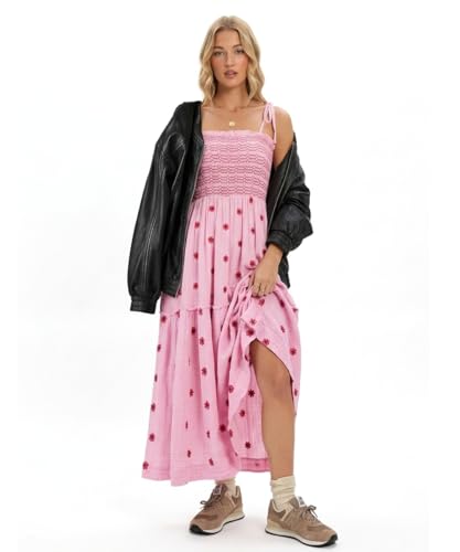 Image of Women Floral Embroidered Maxi Dress Boho Sleeveless Tie Strap Shoulder Dresses Smocked Summer Sundress with Pockets