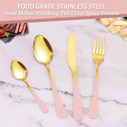 Image of 24 Pieces Flatware Set, Stainless Steel Cutlery Set with Silverware Holder, Modern Gold Silverware Set Includes Dinner Knives Forks Spoons,Hanging Silverware (Pink)