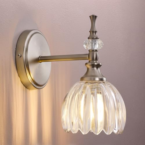 Image of ANDY STAR 1-Light Brushed Nickel Bathroom Vanity Light, Transitional Sconce | Ribbed Glass & Crystal Accent, Damp-Resistant, Heat-Resistant E12 Base, Reversible Up /Down Mounting