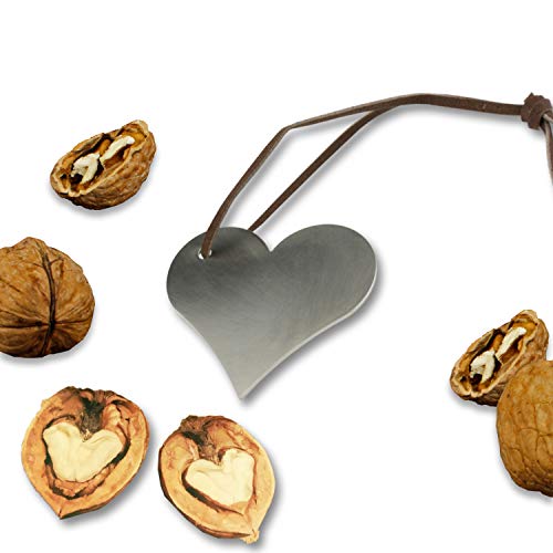 Cascanueces de acero inoxidable auténtico, forma de corazón, incluye correa de cuero, 5,2 x 5,9 cm, envuelto en celofán, ideal como colgante o pequeño regalo