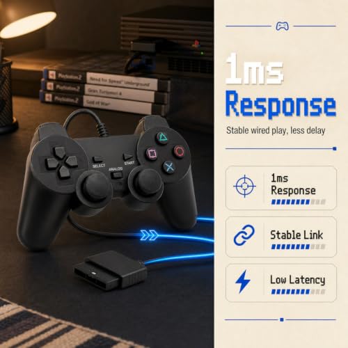 Image of Hopevry Wired PS2 Controller | 2 Pack Compatible with Sony PS2 /PS2 Slim /PS1 | PlayStation 2 Controller with Dual Vibration, Plug and Play, Ergonomic grip for extended gaming