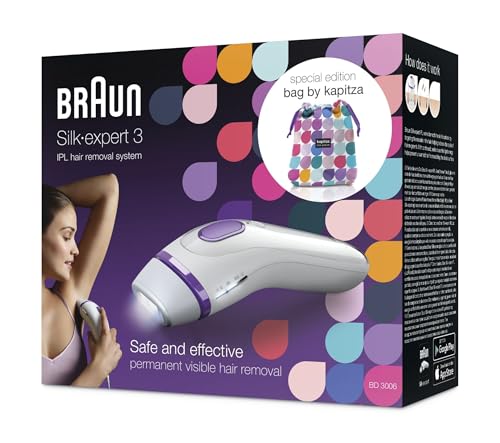 Braun Silk-expert 3 BD 3006 IPL - Depiladora con tecnología IPL segura para una depilación duradera para mujeres y hombres, color blanco y morado