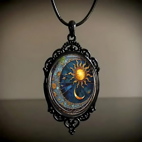 Gothic Glass Pendant Necklace for Women Sun and Moon Necklaces Vintage Celestial Necklace Lunar Solar Cameo Necklaces Mystic Rope Chain Goth Witch Jewelry4