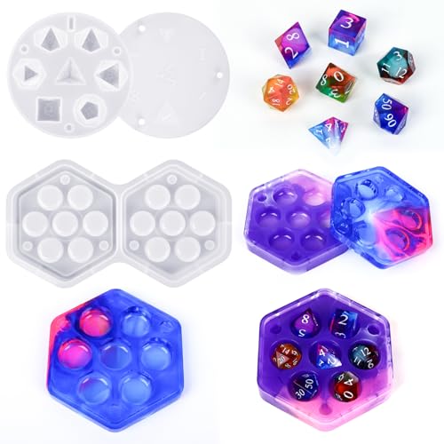 KISREL Dice Resin Molds DND Dice Set and Organizer Box Epoxy Resin Mold with 7 Standard Stereoscopic Dice Cavities Silicone Molds for Resin DND Dice Set Making Kit Table Board Game