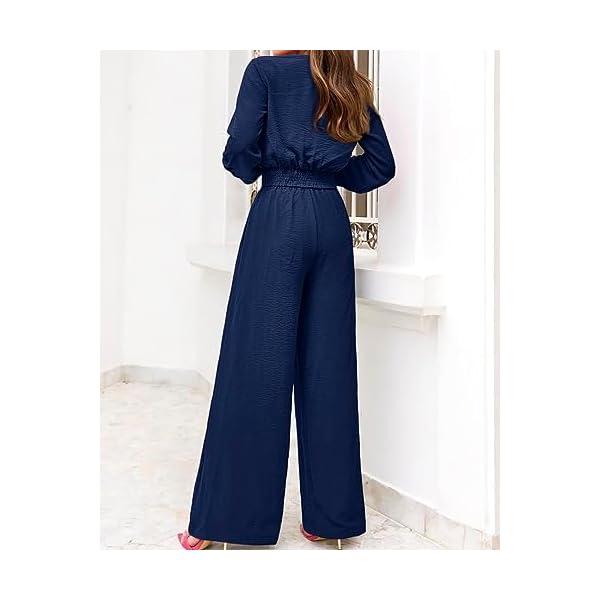 PRETTYGARDEN Woman Elegant Fall Clothes Dressy Crop Top Palazzo Pant With Pocket Spring Solid Color 2 Piece Outfits 2023(Solid Dark Blue,Medium)