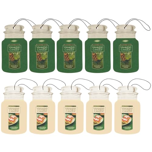Image of Yankee Candle Classic Paper Car Jar Air Freshener, Hanging Car Freshener, Long Lasting Car Fragrance, Balsam & Cedar, Christmas Cookie, 5 Each (Variety Pack)