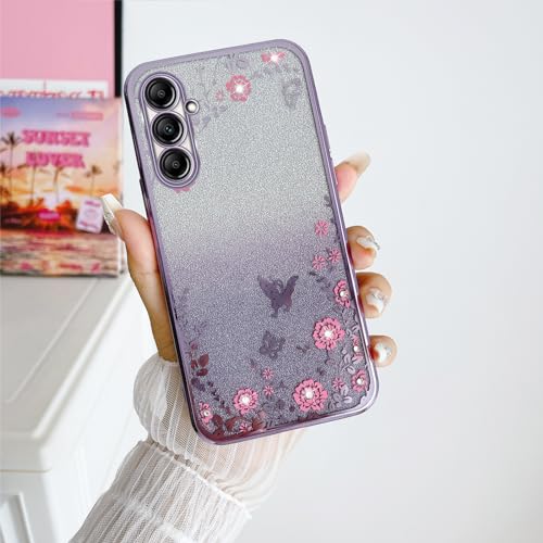 Image of for Samsung A14 5g Case, Galaxy A14 5g Case for Women Gradual Change Glitter Crystal Soft Butterfly Floral Heart Clear Protective Cover with Strap for Samsung Galaxy a14 5g (Purple)