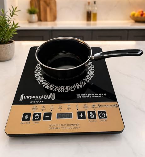 Image of Surya K Star 2000W Induction Cooktop with Sauce Pan Electric Induction Stove for Kitchen | Portable Single Burner Cooktop with Preset Menu, Timer & Temperature Control | Tawa Included