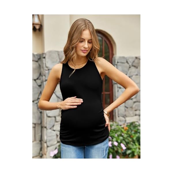 Women's Maternity Tank Tops Summer Sleeveless Crew Neck Ribbed Knit Slim Fitted Blouse Side Ruched Pregnancy Shirts - Image 5
