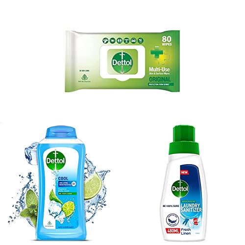 Image of Dettol Disinfectant Sanitizer Wet Wipes for Skin & Surfaces, Original - 80 Count & Body Wash and Shower Gel, Cool - 250ml & Detergent After Wash Liquid Laundry Sanitizer, 480ml, Fresh Linen