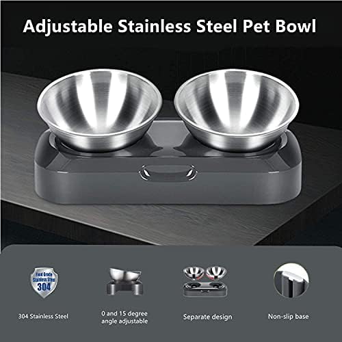 PewinGo Cat Bowl with Stainless Steel, Non-Slip Silicone Mat Cat Feeder with 0 &15° Tilting Neck Protective Bowl for Pets, Cats and Puppies Food and Water Feeding