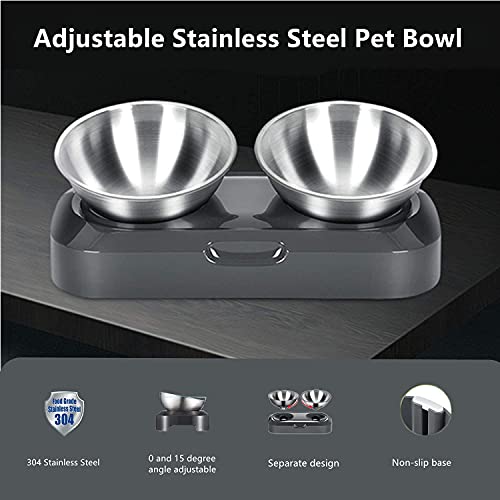 Pewingo Raised Cat Bowl With Stainless Steel, Non-Slip Silicone Mat & Raised Cat Feeder With 15° & 0° Tilting Neck Protective Bowl For Pets, Cats Food And Water Feeding #TOP4