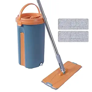 Amazon Brand - Umi Floor Squeeze Mop with Bucket Flat Mop System 360 degree Flexible Head with 2 Super-Absorbent Microfiber Pads Expandable Handle for Bathroom Floor Cleaning Marble,Wooden,Tile Floor.