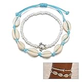 JIANYH 2 PCS Bohemian Shell Turtle Anklets Set, Adjustable Bracelets, Handwoven Beaded Feet Chain Jewelry for Men Women