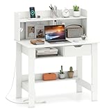 Giantex White Computer Desk with Hutch, Home Office Desk with Power Outlets, USB Ports, Type-C, Storage Shelf & Drawer, Modern Laptop PC Table Computer Workstation, Study Writing Desk for Bedroom