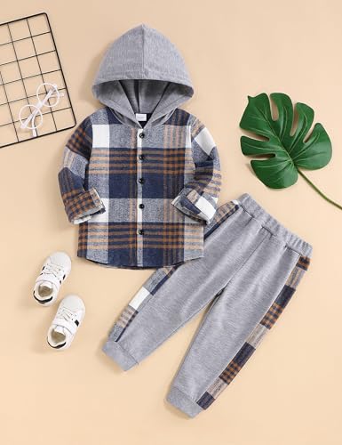 Image of Fuermos Toddler Baby Boys Clothes Flannel Lattice Button Down Hooded Tops +Pants Boys Fall Winter Outfits