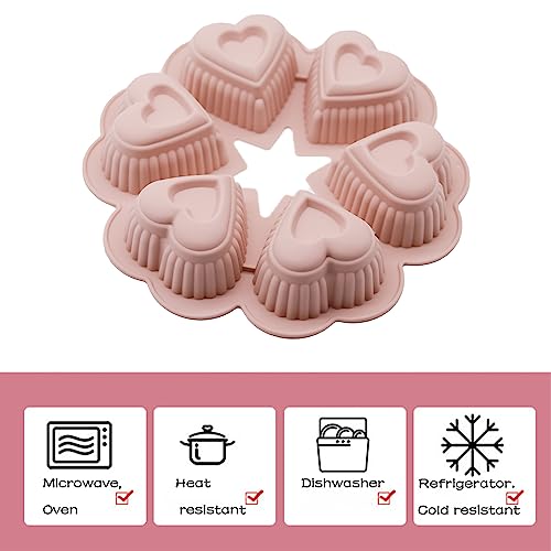 inki Herz Kuchenform Muffinform Muffinblech, 6-Kavität 3D Liebesherz Silikon Backformen, Antihaftbeschichtet, Silikonform in Herzform, Muffin Backform, für Seife,Schokolade,Gelee,Cupcake (Rosa)