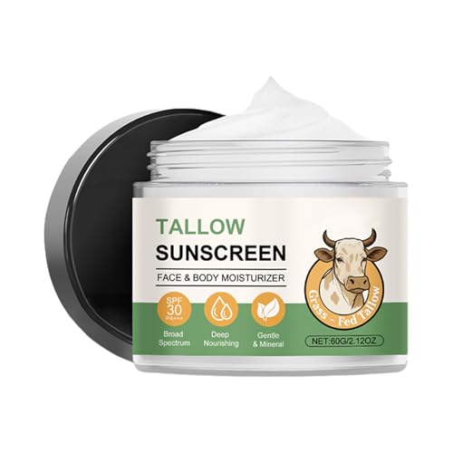 Tallow Sunscreen SPF 30, protector solar natural de Tallow, crema de protección solar, hidratación de fórmula de residuos blancos, mezcla de 60 g de piel segura, para hombres actividades al aire libre