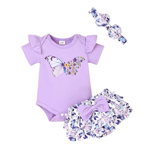 Image of TOKIAGO Baby Girl Summer Clothes Newborn Cute Outfits Ruffle Romper + Shorts + Headband 3pcs Short Set 0-18 Months