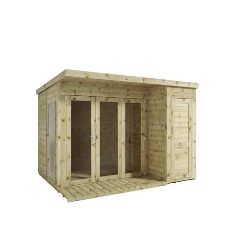 Image of Waltons 10x8 & 12x8 Contemporary Summerhouse with Side Shed | Pent Roof Design | Full Length Windows | Shiplap Cladding | Shatterproof Styrene Windows | Locking Double Doors (10 x 8)