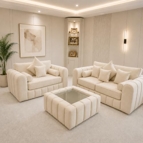 3+2 lilly Fabric Sofa Set with Free Coffee Table | Modern Living Room Sofa Set | Premium Upholstered Couch | Available in Cream Silver Beige Brown & Dark Grey (Cream)