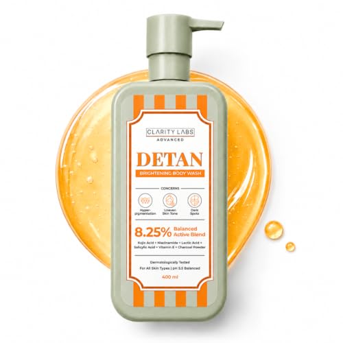 Image of Detan Brightening Body Wash with 8.25% Active Blend | Kojic Acid, Niacinamide, Alpha Arbutin, Salicylic Acid & Charcoal | Tan Removal, Skin Brightening, Dark Spot, Underarm & Body Pigmentation Wash for Women, Men, Boys, Girls & Teens | Sulphate Free | 400ml