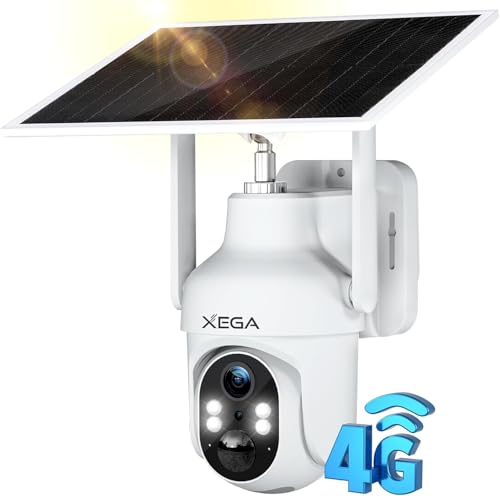 Xega 4G Camera Exterieur avec Carte Sim sans Fil, Vision Nocturne Colorée 3MP, HD PTZ IP Caméra avec Panneau Solaire et Batterie, Détection Mouvement PIR & Humaine,...