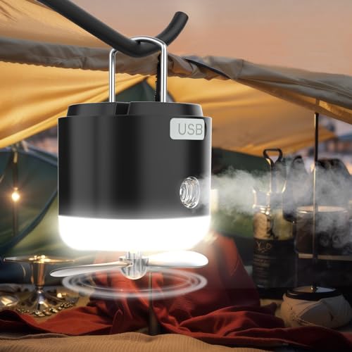 Oziral Lampe de camping 4 en 1 LED avec ventilateur rechargeable USB Lampe de camping Lanterne 4 niveaux de luminosité Lampe de tente portable pour camping en plein air Lumière de secours