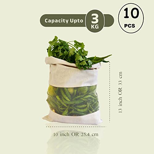 Cotton Vegetable Bags Fridge Storage Bag Sabji Fruits Pouch Refrigerator Produce bags Clothe Muslin Reusable Washable with Drawstrings (Beige, Pack of 10)