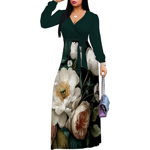 Image of Women's Plus Size Maxi Dresses Long Sleeves V Neck Floral Print Bohemian Swing Long Dress with Belt